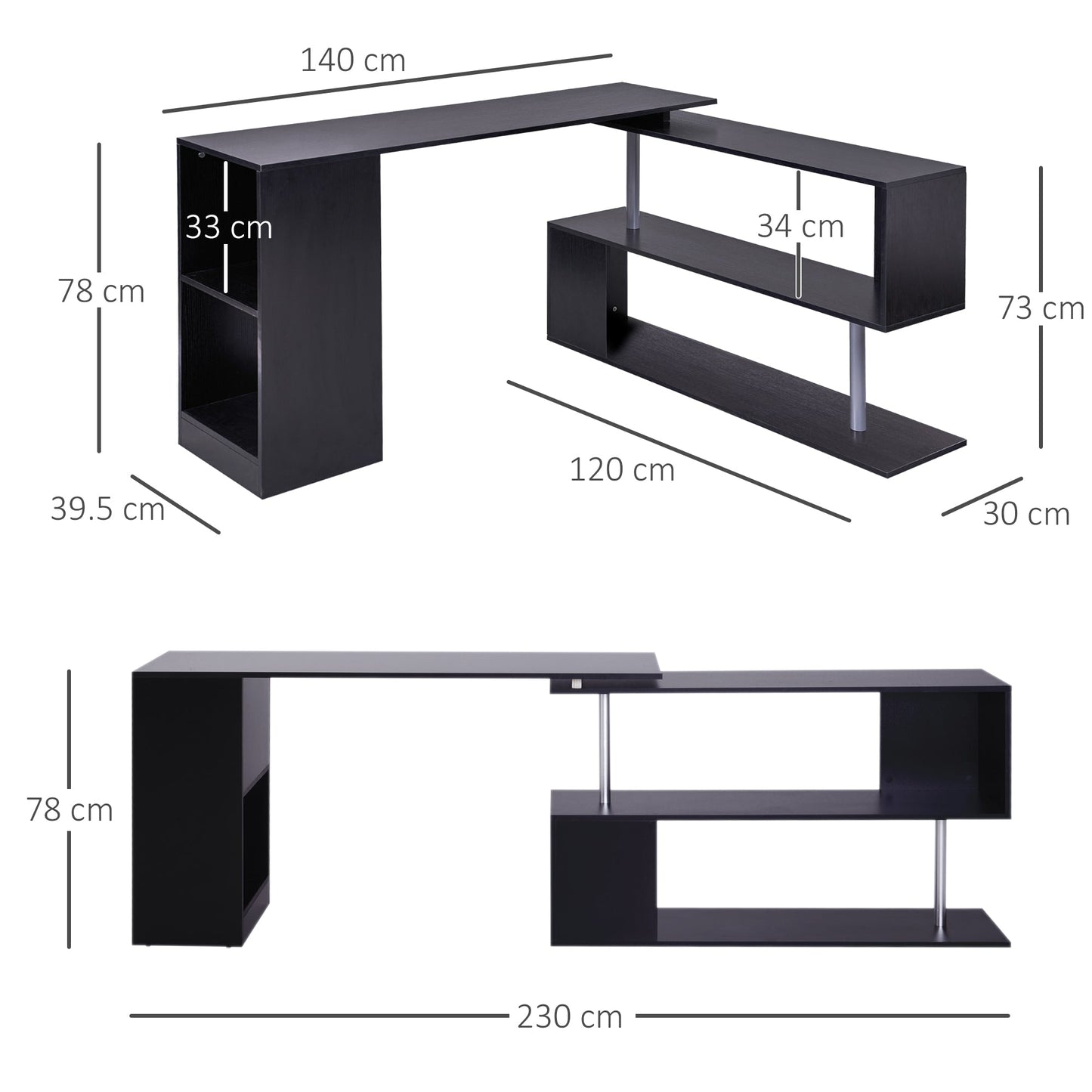 Corner Computer Desk with Shelves 360Â° Swivel L Shape Wooden