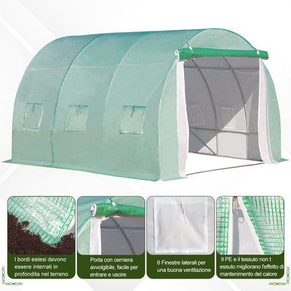 Outsunny 3x3x2m Tunnel Greenhouse with Door and 6 Windows, Double PE Cover and Steel Structure