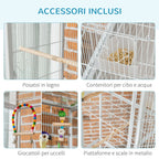 Bird Cage in Steel and PP with Perches, Toys, Food Containers and Tray, 83x53x180 cm, White - Borge' Group Limited