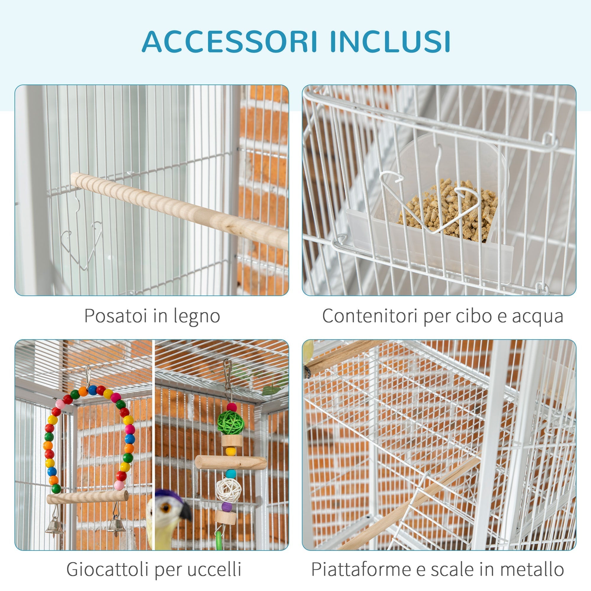Bird Cage in Steel and PP with Perches, Toys, Food Containers and Tray, 83x53x180 cm, White - Borge' Group Limited