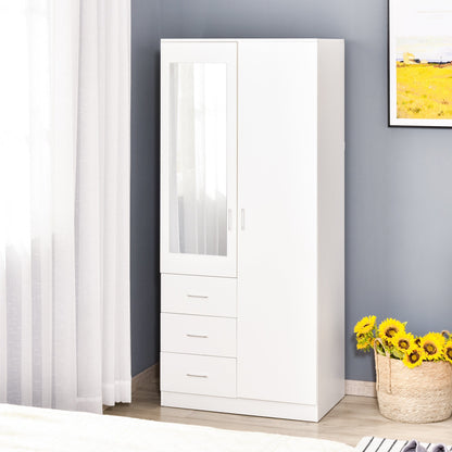 Modern wardrobe 2 doors with mirror and 3 drawers, adjustable shelves and bend bar, 80x50x180cm, white - Borgè