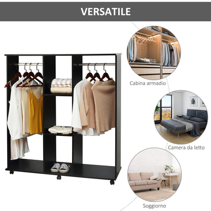 wardrobe wardrobe with 5 shelves with wheels and bars in wood and aluminum, black, 120x40x128cm - Borgè