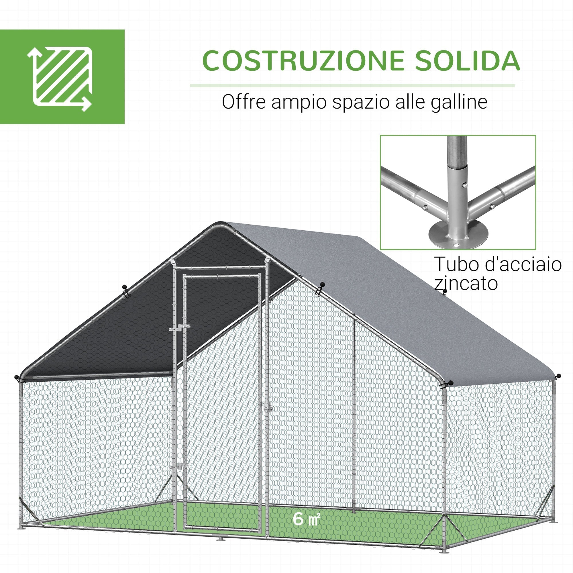 Garden chicken coop with galvanized frame, waterproof coverage and hexagonal network, 3x2x2m, silver - Borge' Group Limited