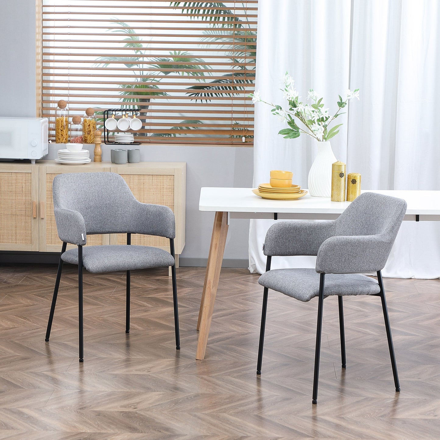 sets with 2 modern fabric padded chairs with armrests and steel legs, 54x54x84cm, Grey - Borgè