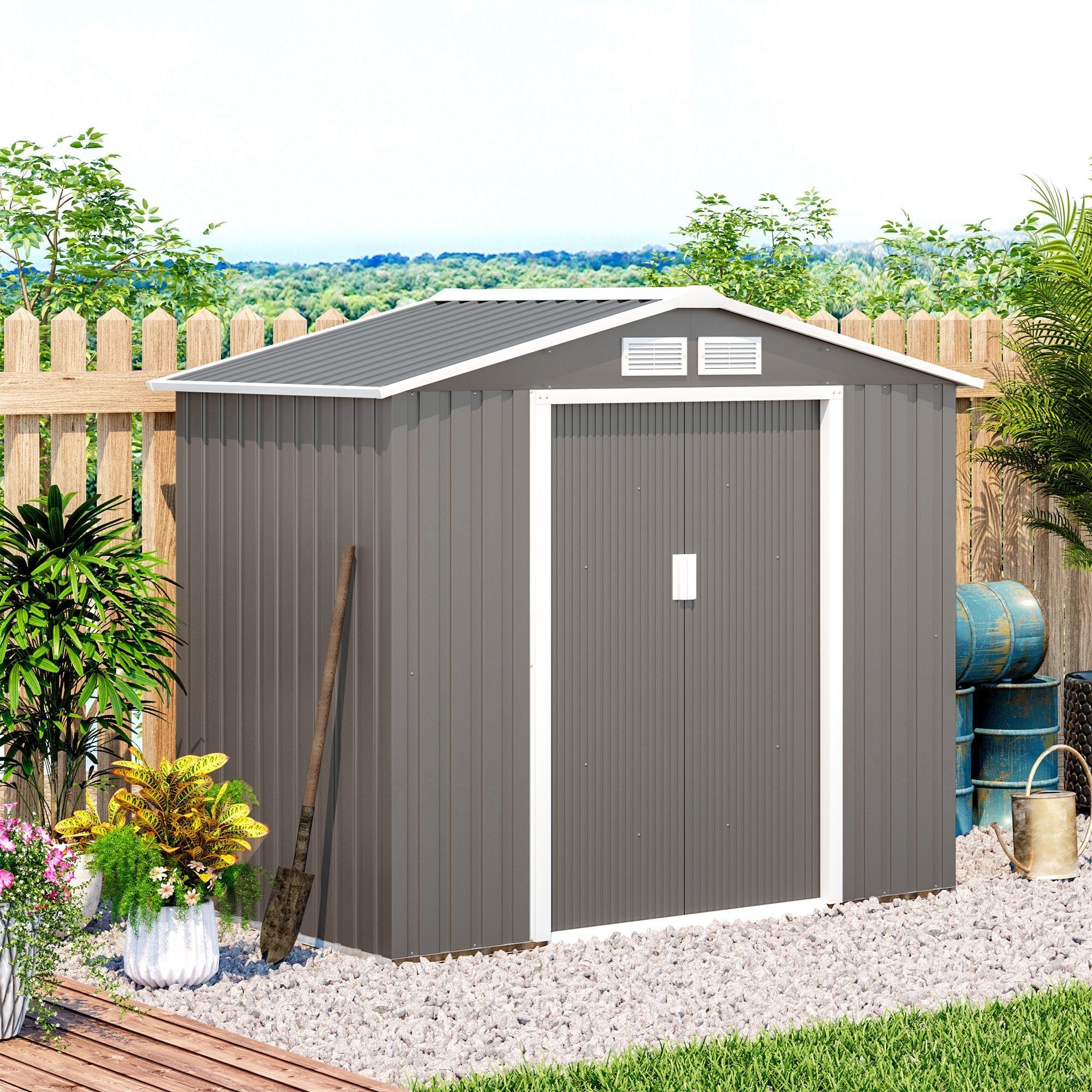 Outsunny Garden House Gate Glast Loan Utensils with sliding doors, 213x130x185cm, Grey - Borgè