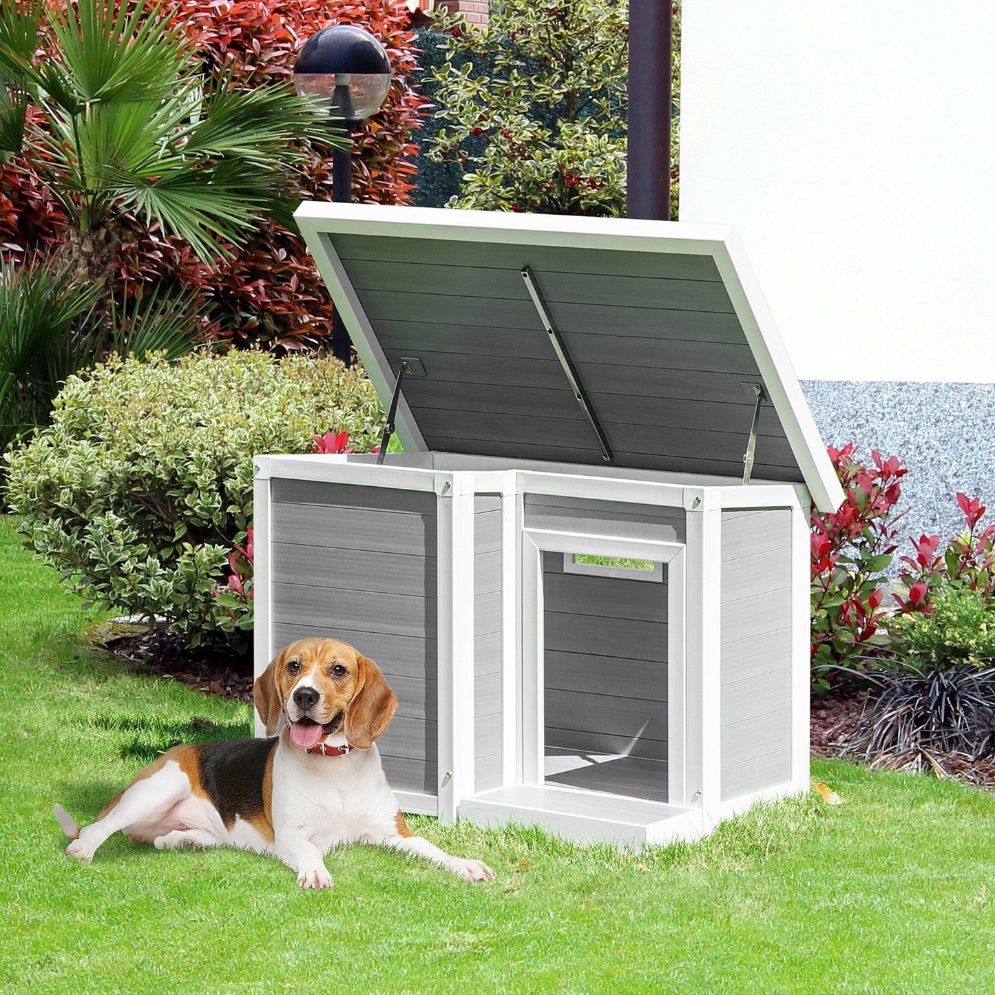 Pawhut Outdoor Dog House with opening roof and window, 102x70x73cm, Grey - Borgè