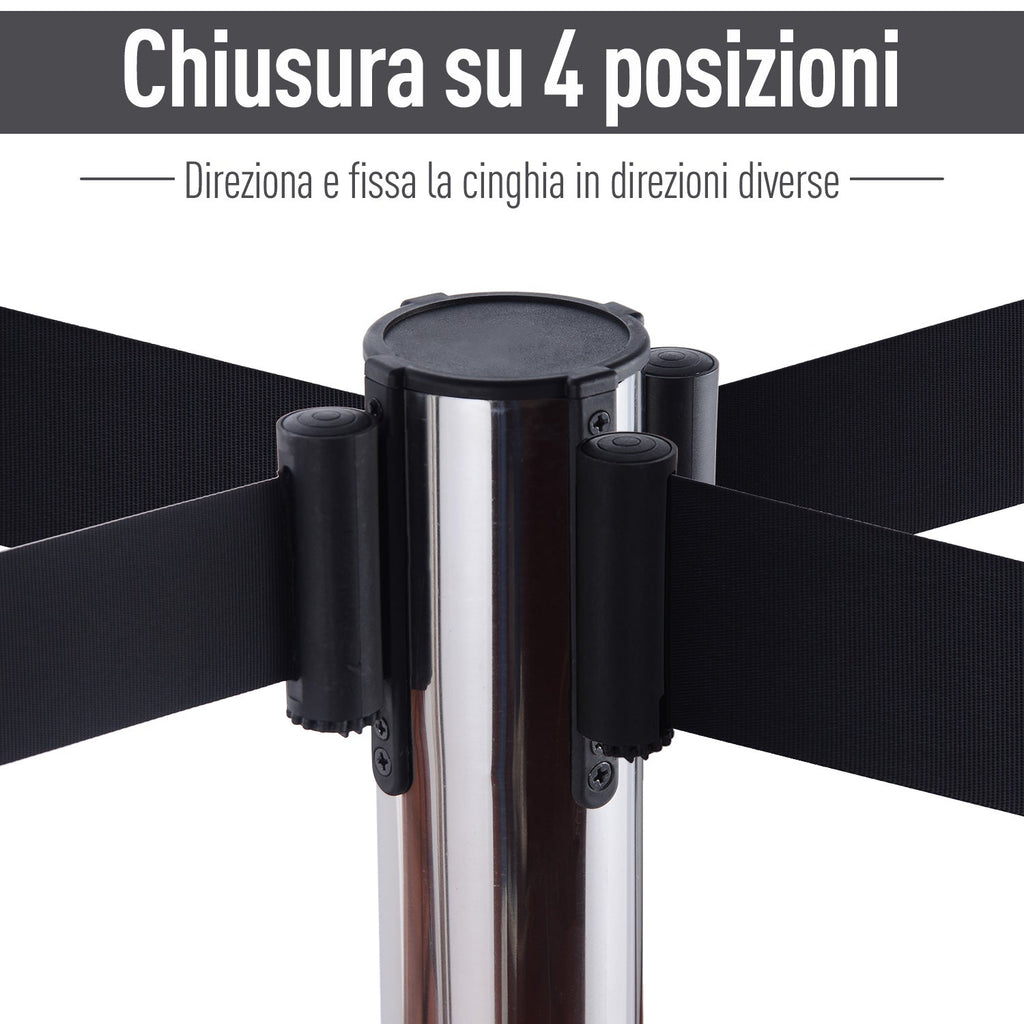 Silver Retractable Bollards | with black ribbon of 2m in Stainless Steel and Nylon | ф32x90cm - Borgè