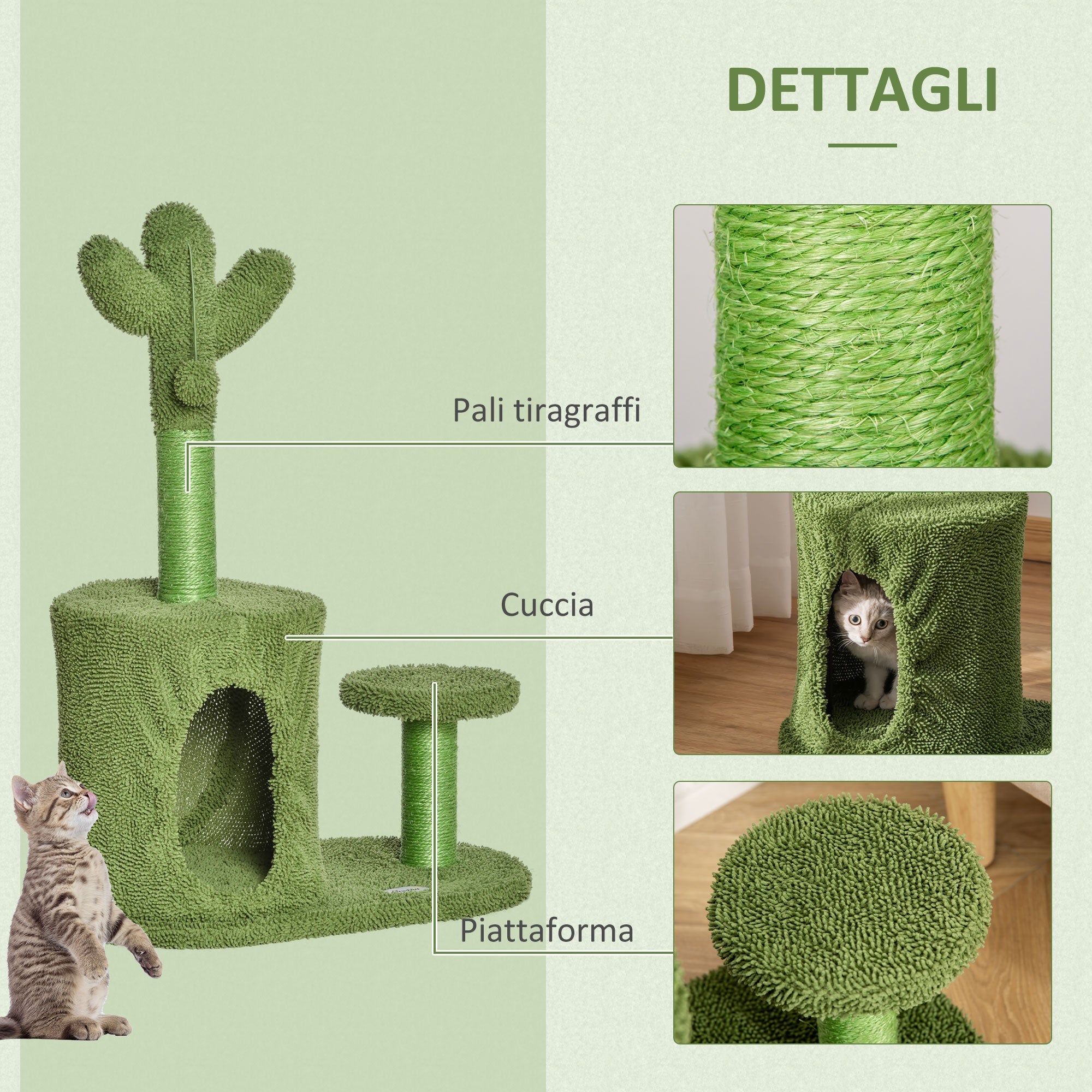 Cat Tree for cats with Scratch Pole up to 4.5kg in the shape of cactus with balls and Bed, 60x35x78cm - green - Borge' Group Limited