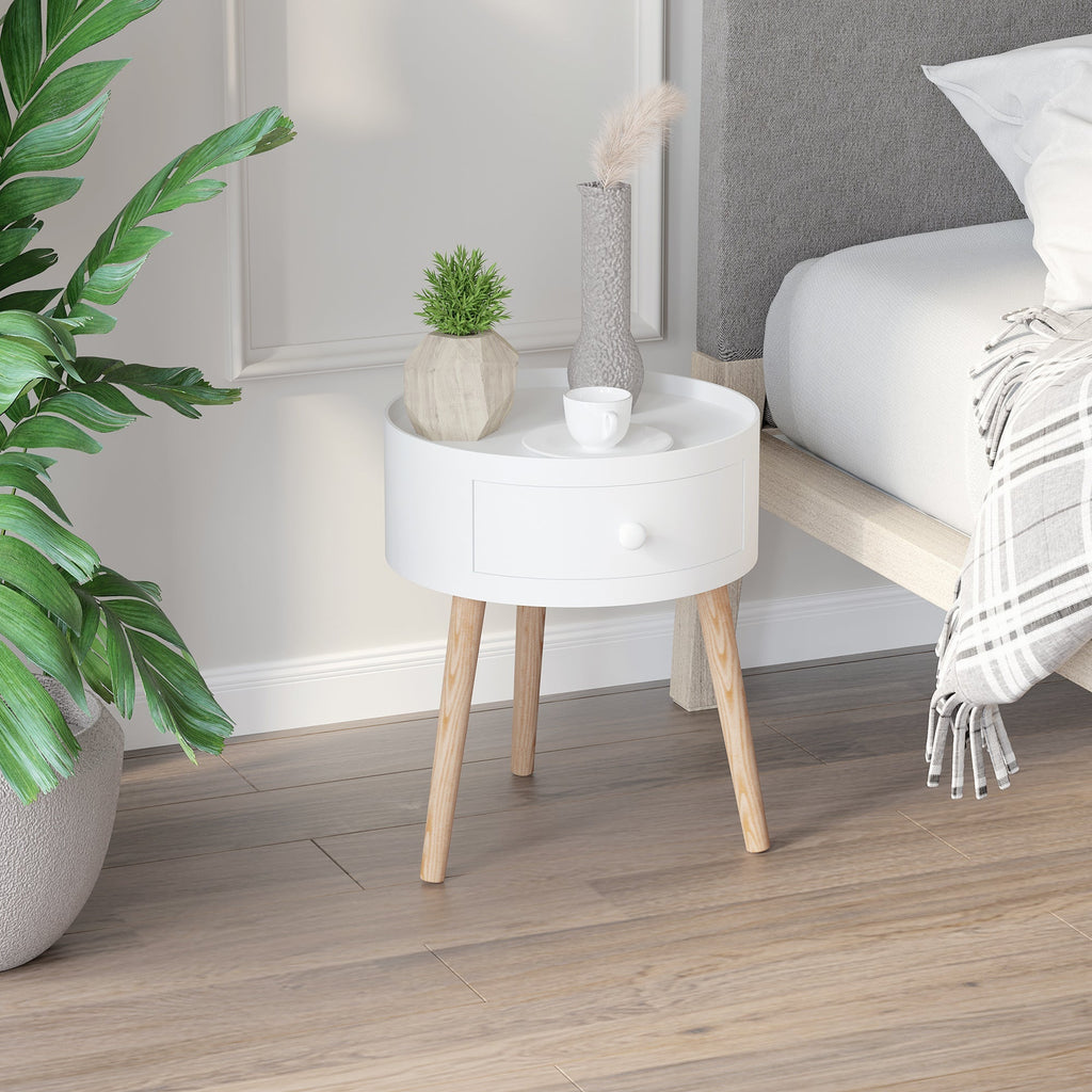 Modern Living Room Table with wooden, white, ф38x45cm drawer - Borgè