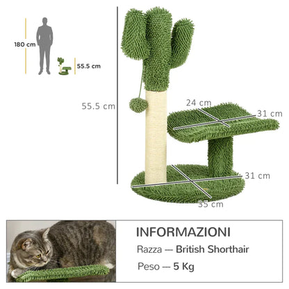 Green and white Cactus Shaped Cat Tree with playing ball | 35x31x55.5 cm - Borgè