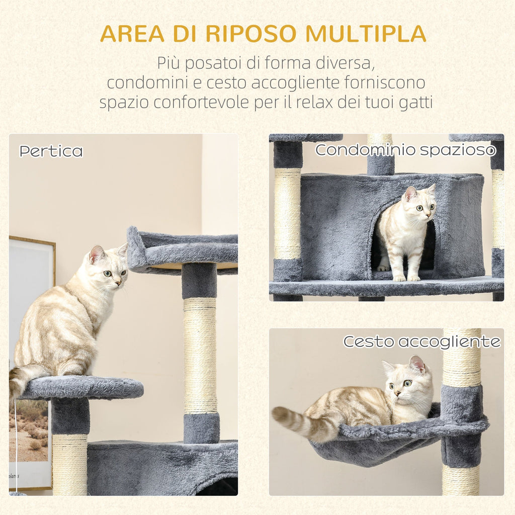 Cat Tree for cats with Scratch Pole, with houses and hammocks, 60x60x200cm, light Grey - Borgè