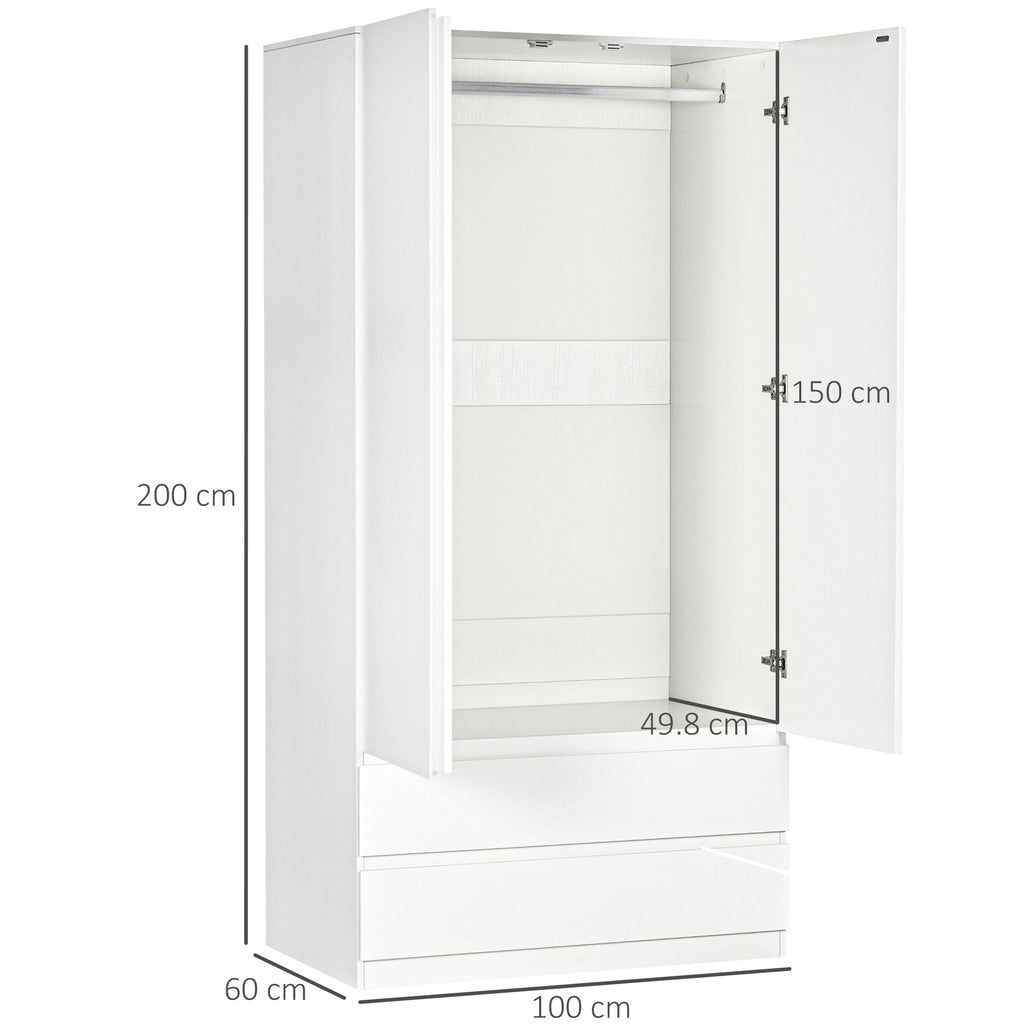Wardrobe Wardrobe in white chipboard with hangers and 2 sliding drawers for bedrooms, 100x60x200 cm - Borgè