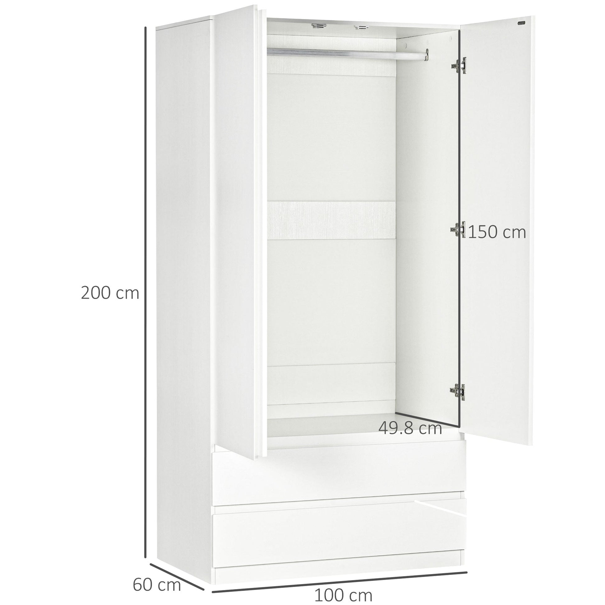 Wardrobe Wardrobe in white chipboard with hangers and 2 sliding drawers for bedrooms, 100x60x200 cm - Borgè