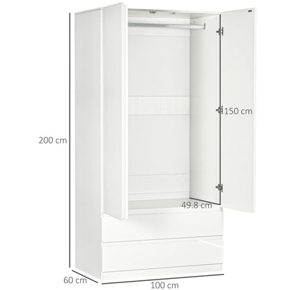 Wardrobe Wardrobe in white chipboard with hangers and 2 sliding drawers for bedrooms, 100x60x200 cm - Borgè