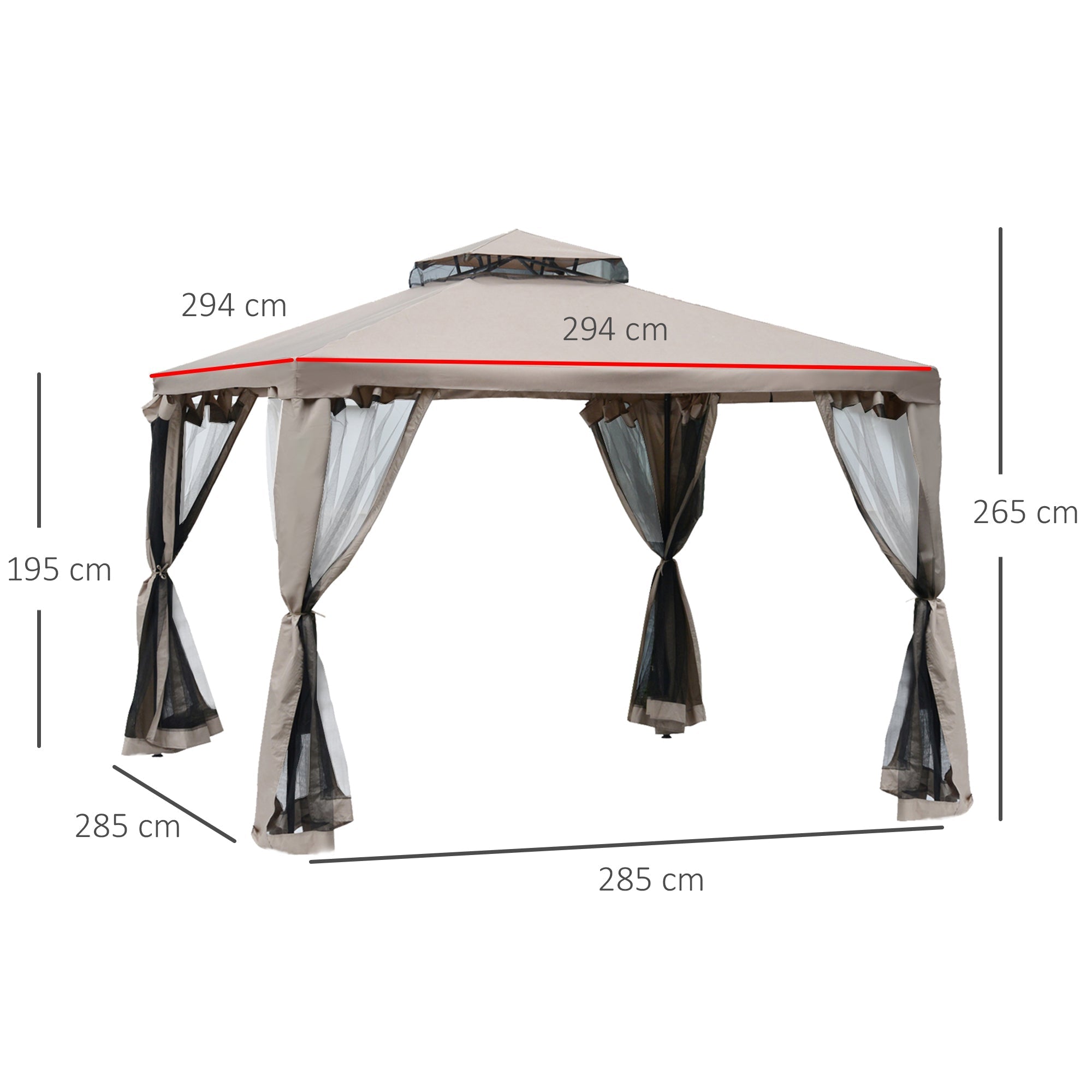 3x3m Garden Gazebo with Mosquito Net, Metal Frame and Polyester Cover, Taupe - Borge' Group Limited