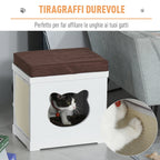 Wooden Cat House with 2 Pillows and Removable Scratching Post, White and Brown, 41x30x36cm - Borge' Group Limited