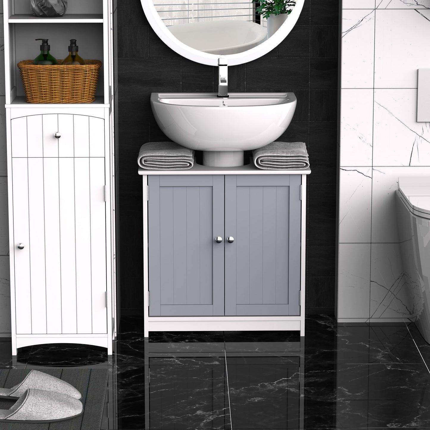 Kleankin Mobile Under Bathroom Washa with U -cut, 2 doors with adjustable shelf in MDF, 60x30x60cm Grey white - Borgè