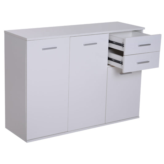 cabinet with 3 doors and 2 trooped wooden drawers, white, 106x35x76cm