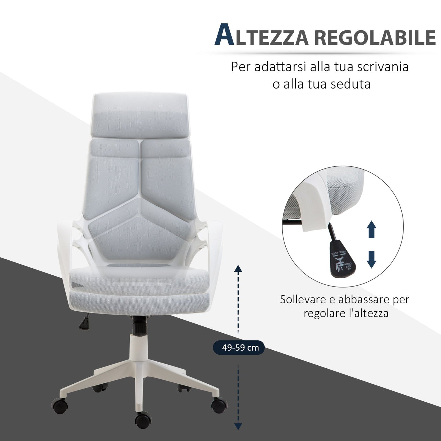 office chair with rocking function, presidential chair in adjustable and swivel fabric, 63x63x117-127 cm, Grey - Borgè