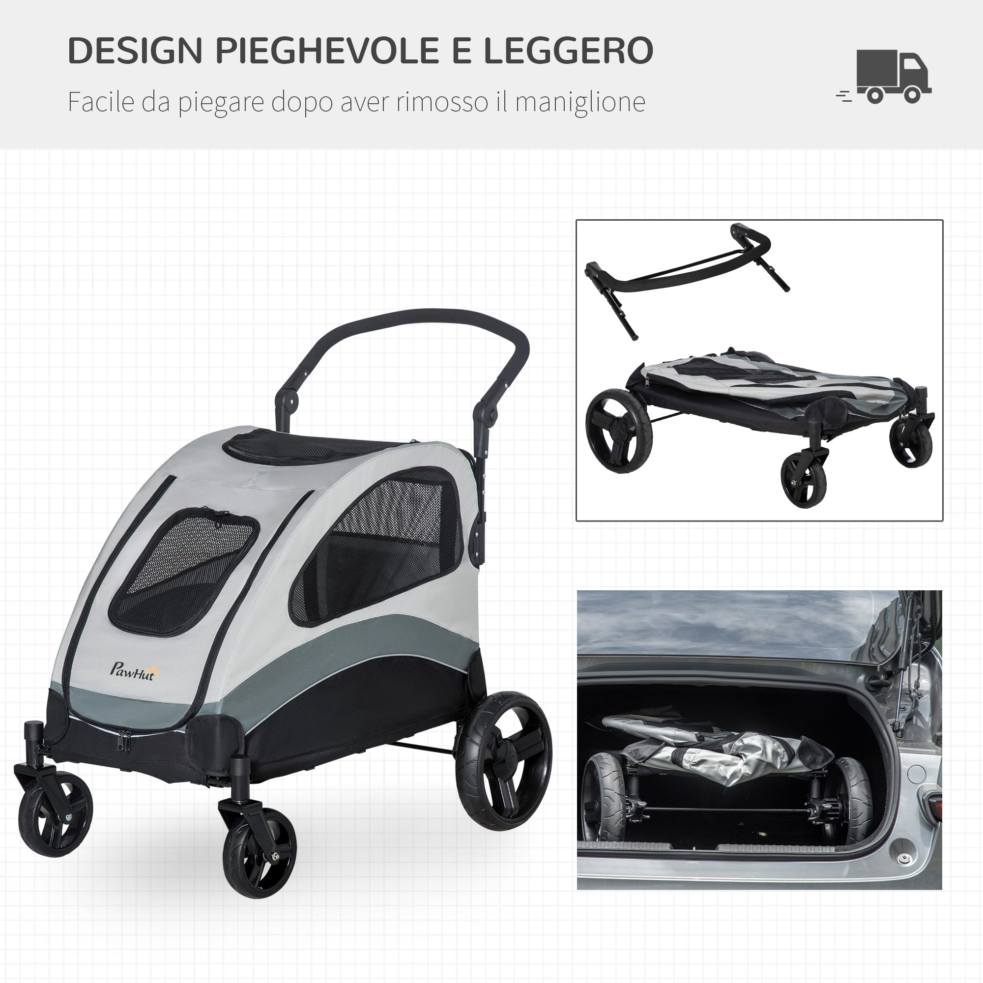 Medium Dog Stroller with 4 Wheels, Storage Bag and Mesh Window, 107x67x102 cm, Grey - Borge' Group Limited