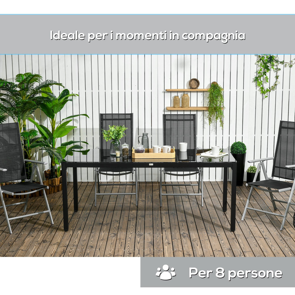 Rectangular Garden Table for 8 People in Aluminum and Glass, 180x80x72cm, Black - Borge' Group Limited