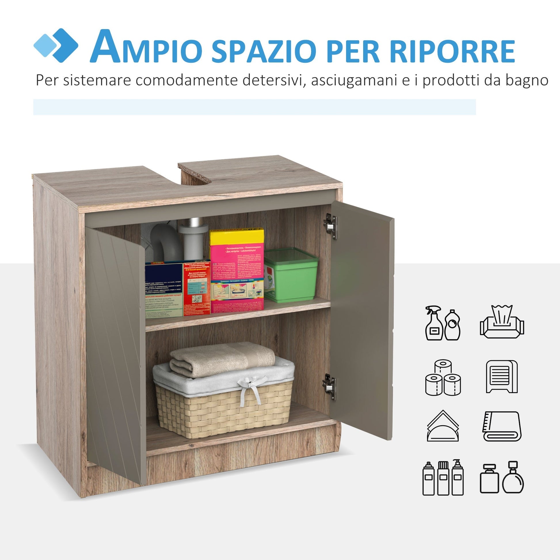 Sottolavabo cabinet in MDF with labor for sink with 2 adjustable shelves and 2 60 x 30 x 60cm - Borgè