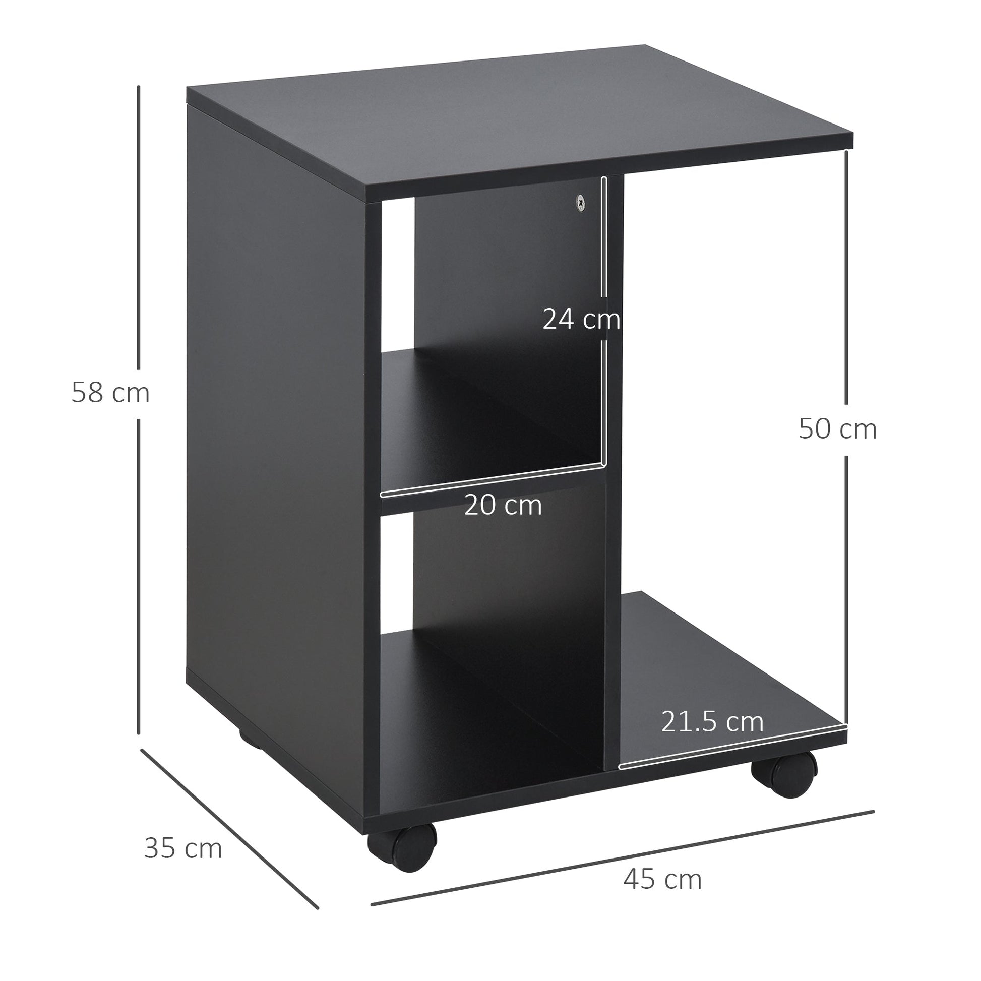 Cavo from Living Room to C with 2 open shelves and 4 swivel wheels, 45x35x58 cm, black - Borgè