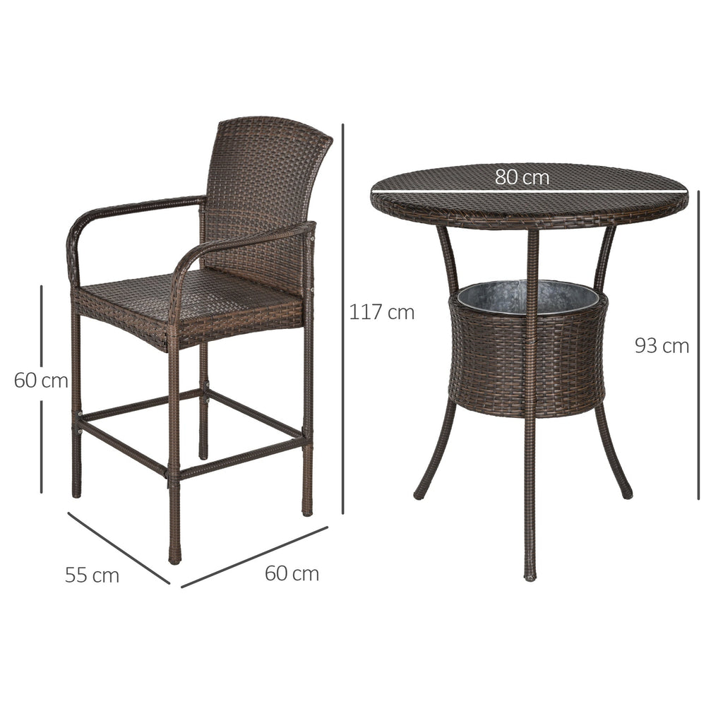 BUDAPEST |  5 Piece Garden Table and 4 High Chairs Set in Synthetic Rattan with Ice Bucket, Brown - Borge' Group Limited