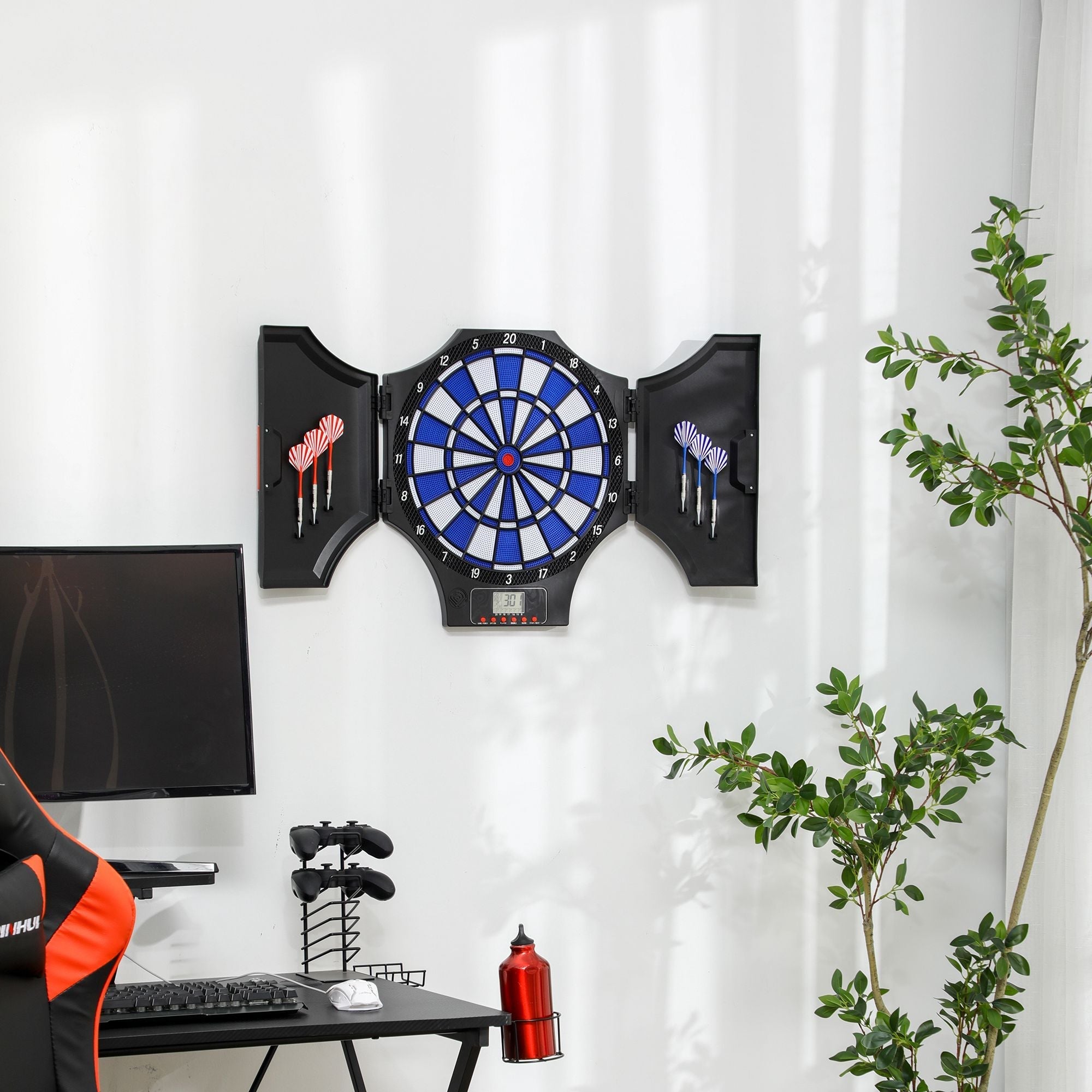 Electronic PP Dartboard with 6 Darts and LCD Monitor, 83x45x4 cm, Red and Black - Borge' Group Limited