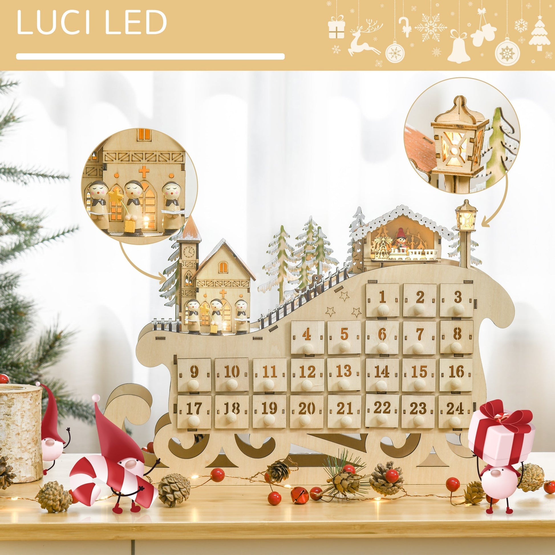 Calendar of sliding wooden shaped with 24 drawers decorations and led lights, 45x10x31cm - wood - Borgè