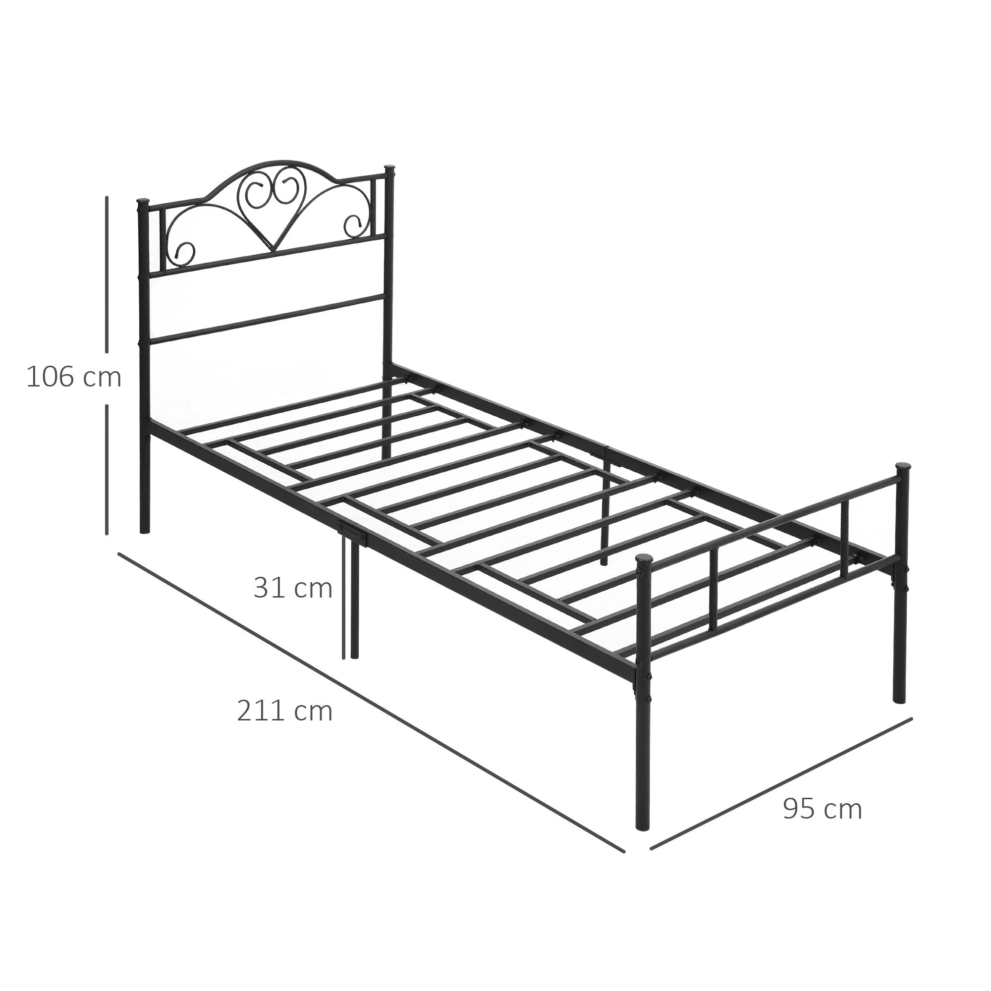 Single Stainless bed structure with integrated slats, headboard and footboard, 90x200cm - Borgè