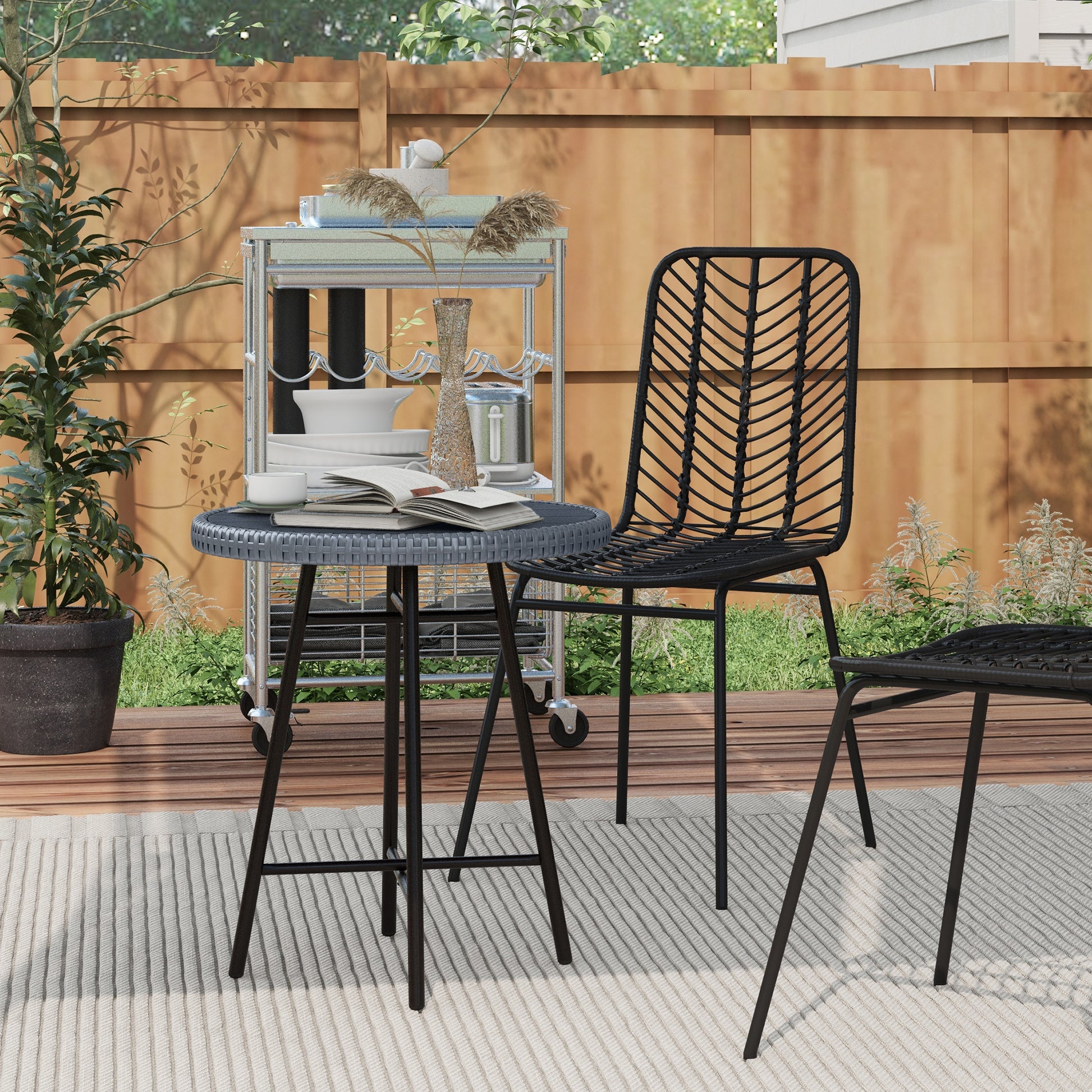 Outsunny modern garden table with wooden plastic top, rattan and steel, 50x50x55 cm, gray and black - Borgè