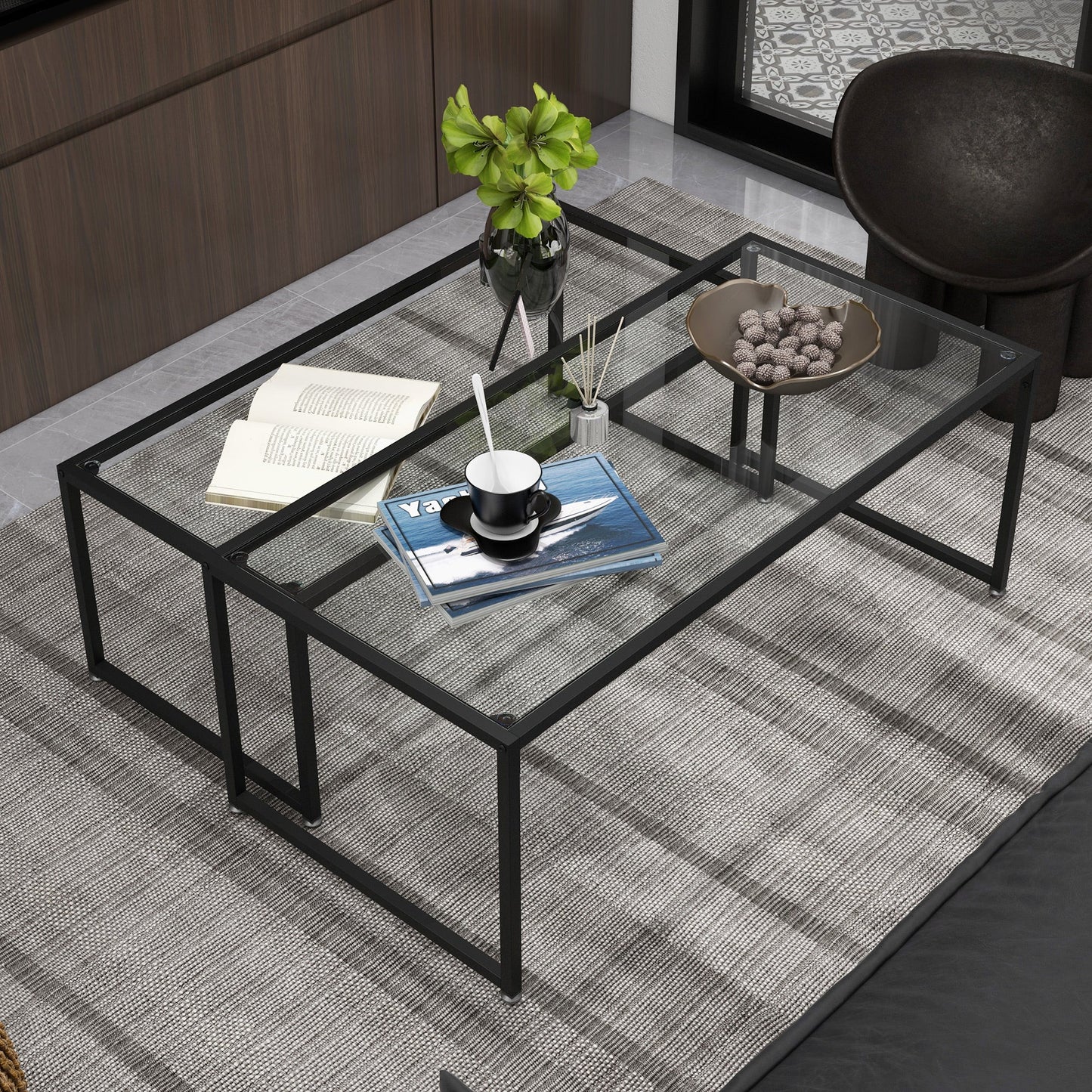 Coffee tables stackable in tempered glass and steel with Black Frame for living room - Borgè