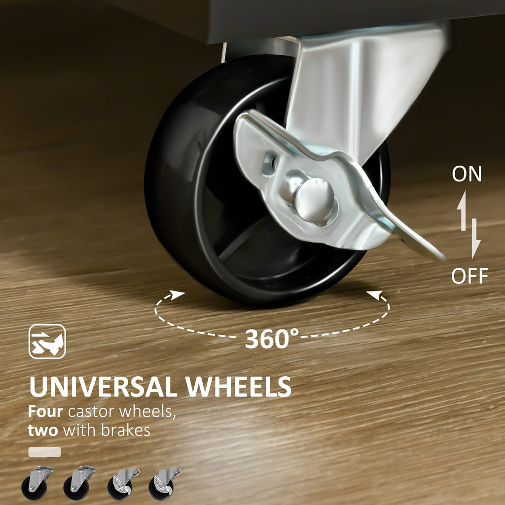 Multiuse wooden kitchen trolley with 2 drawers, locker and 4 wheels, 104x46x91cm, black - Borgè