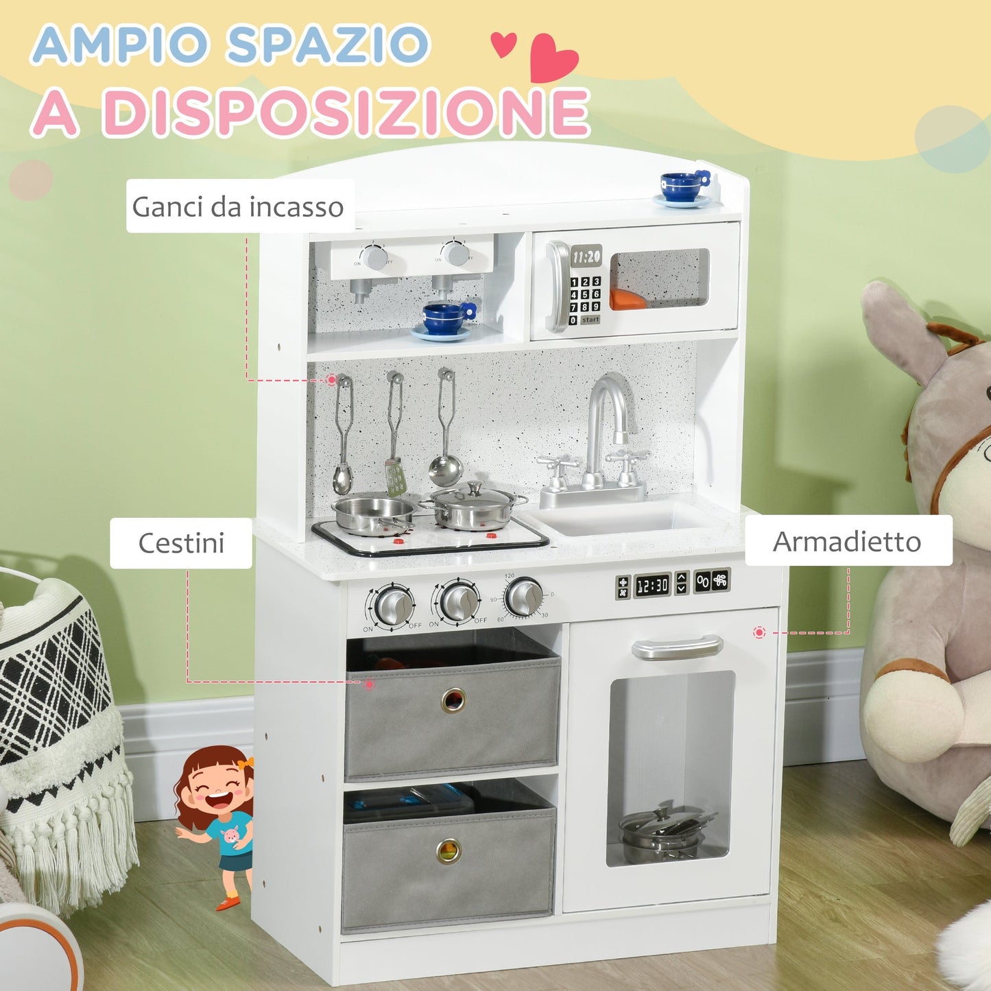 Kitchen for children 3-6 years with realistic lights and accessories, in MDF and PP, 60.1x31.7x92.9 cm, white