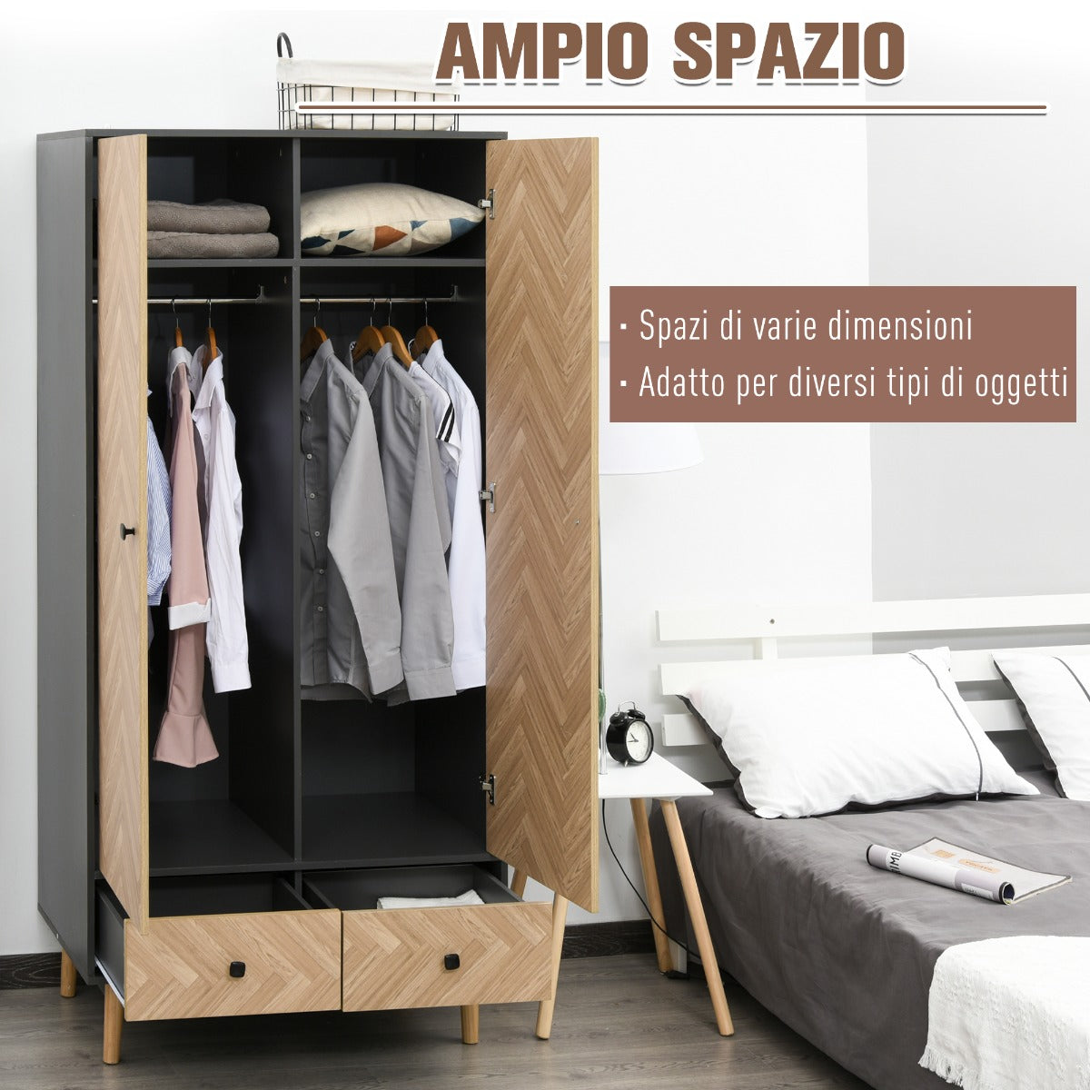 wardrobe with two wooden doors: 4 rooms, 2 hangers and dark Grey drawers - Borgè