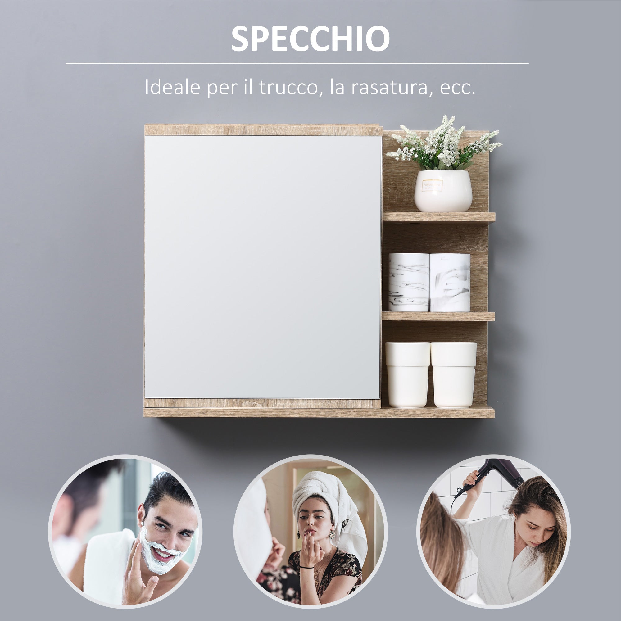 Kleankin Wall Bathroom Mirror With Door And 3 Wooden Side Shelves, 60x18x50cm - Borgè