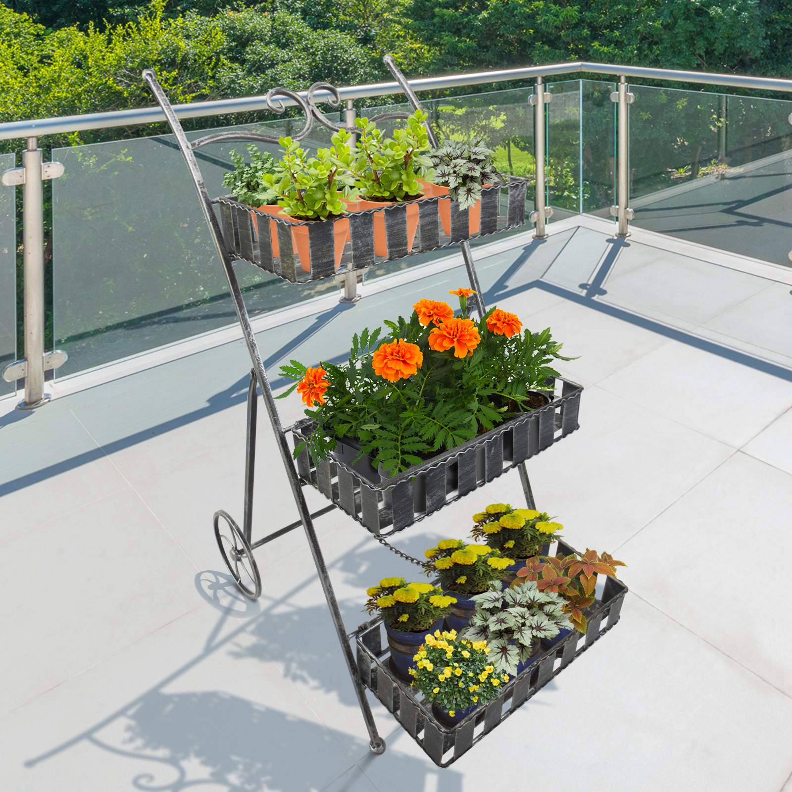 Outsunny Balcony Fioriera at 3 shelves with 2 wheels, door for metal garden plants 53x39x78cm black - Borgè