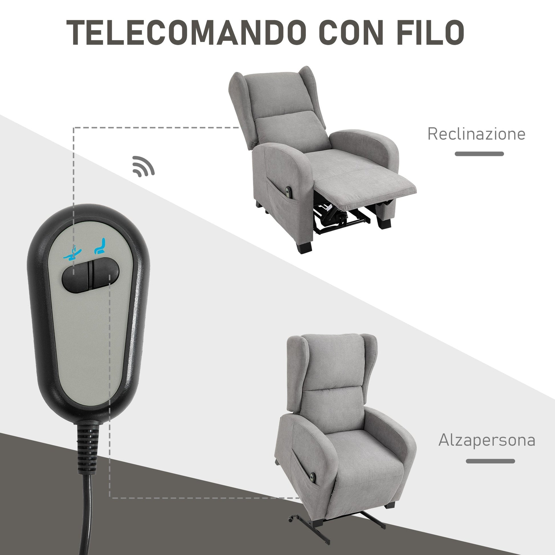 Reclinable Grey Armchair with Lift Assist, remote control and wheels - Borgè