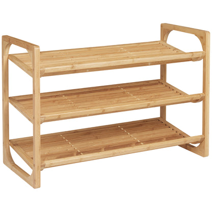 bamboo shoe rack with 3 slat shelves for 9 pairs of shoes, 76x33x51cm, natural.