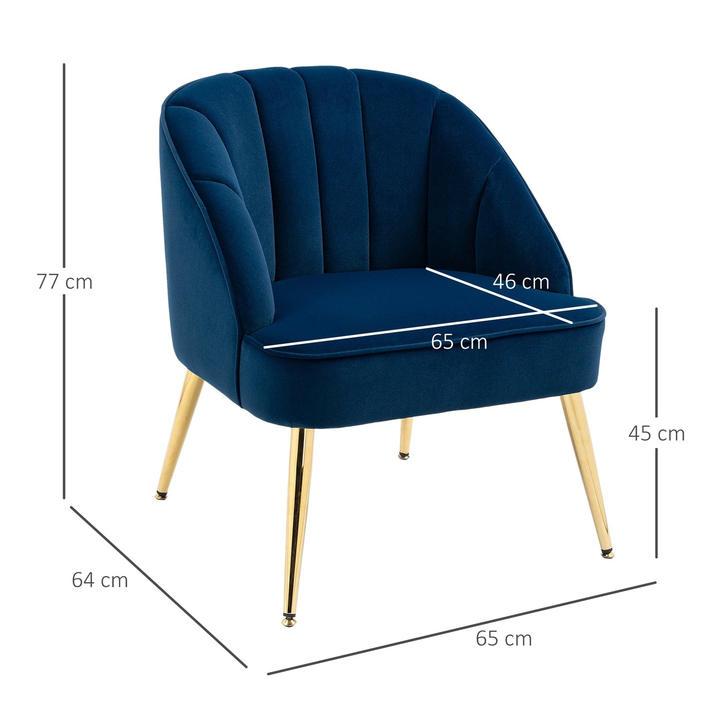 Camera Armchair Velvet with golden steel legs, 65x64x77cm dark blue - Borgè