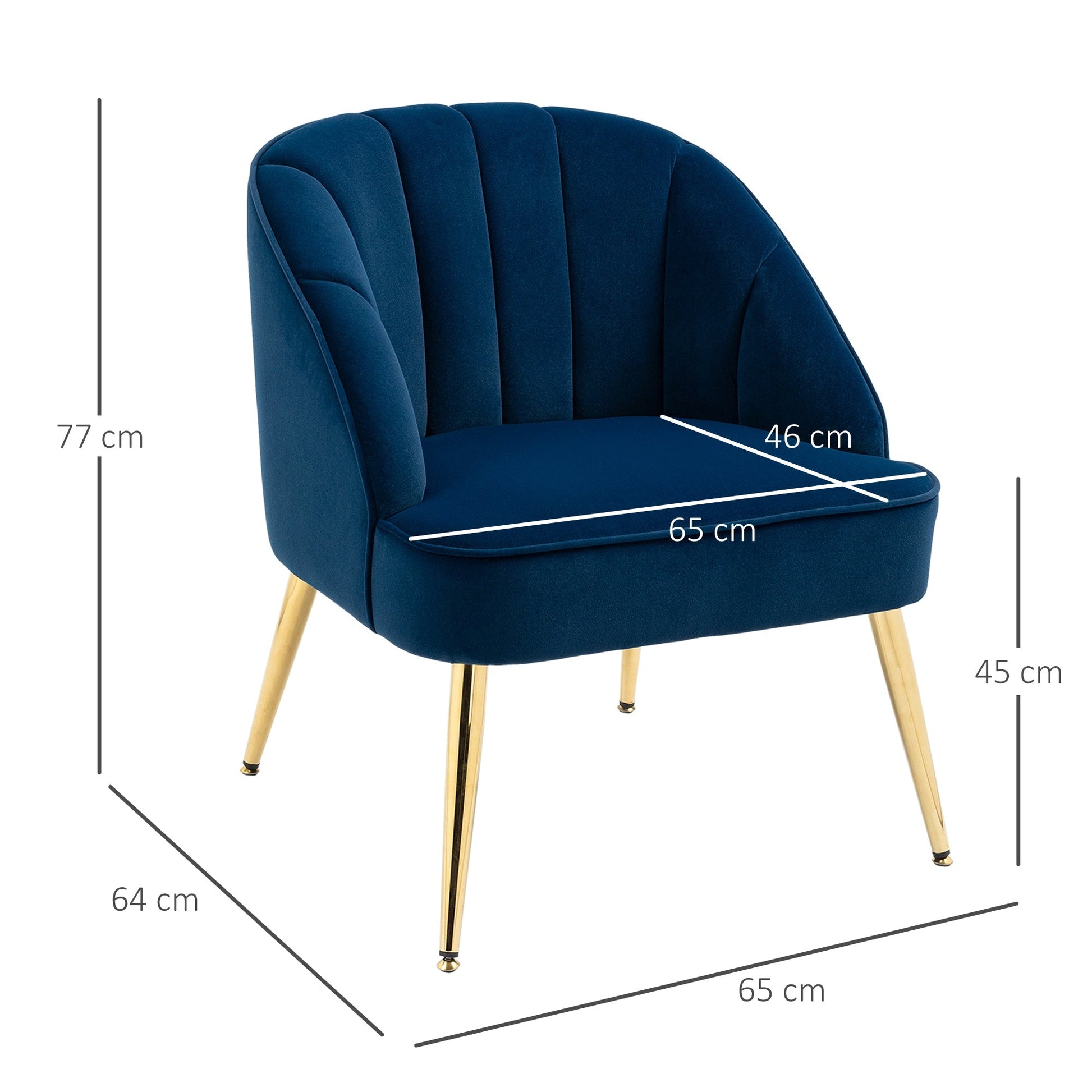 Camera Armchair Velvet with golden steel legs, 65x64x77cm dark blue - Borgè