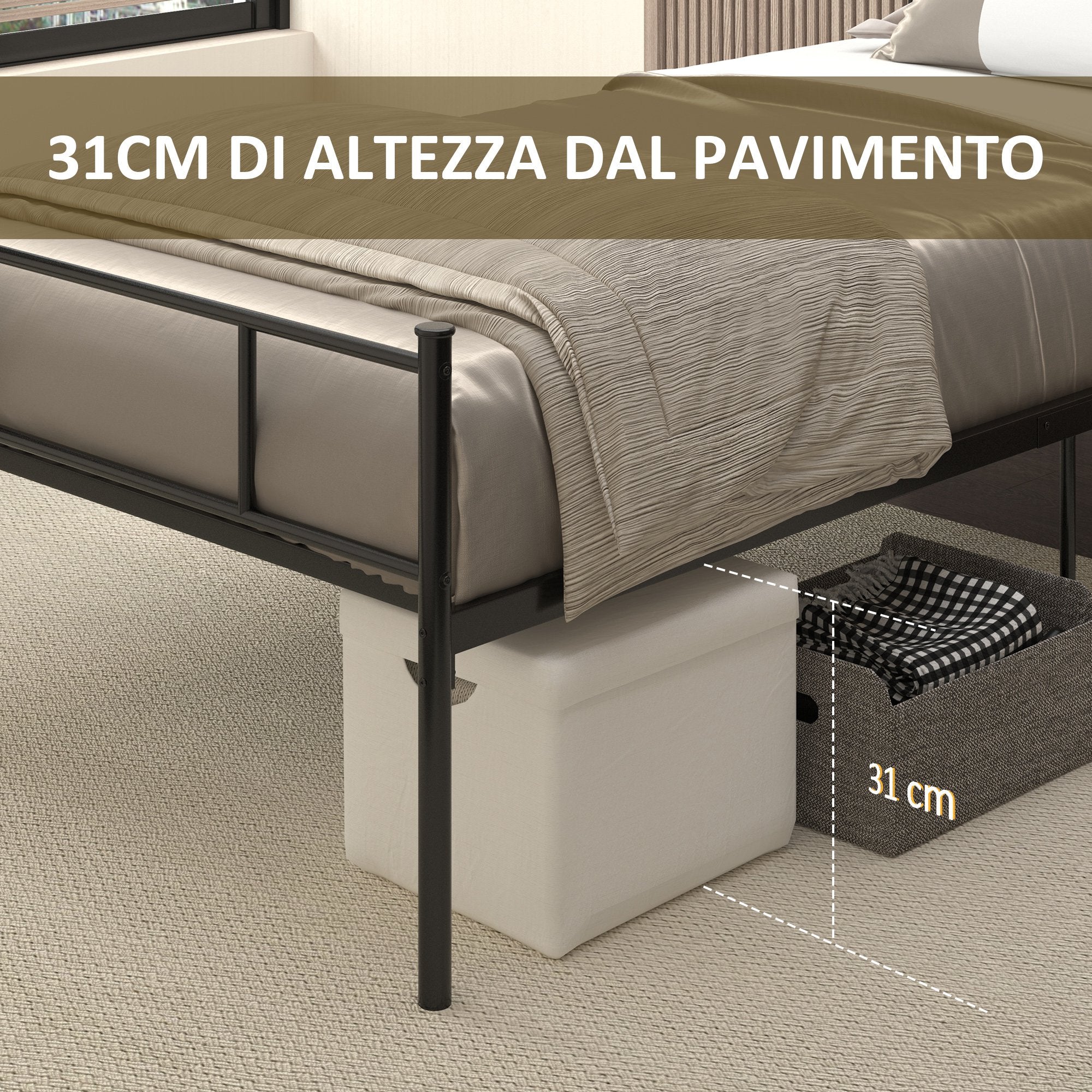 Single Stainless bed structure with integrated slats, headboard and footboard, 90x200cm - Borgè