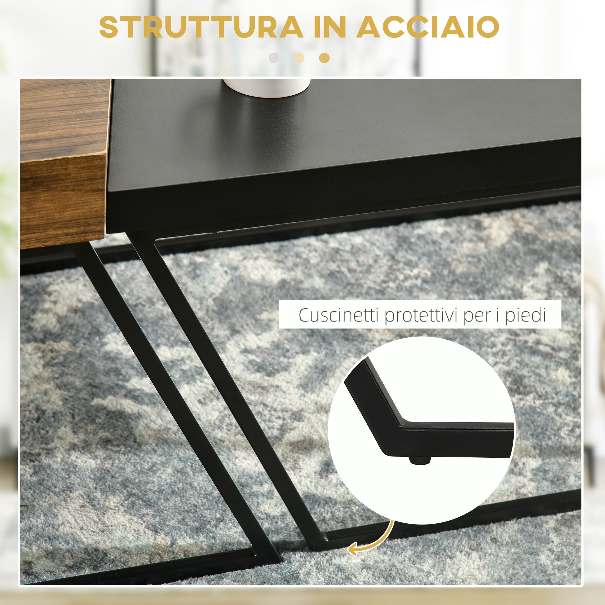 Homcom Set 2 coffee tables in chipboard and steel, black table 80x60x42 cm and brown table 60x60x46 cm - Borgè