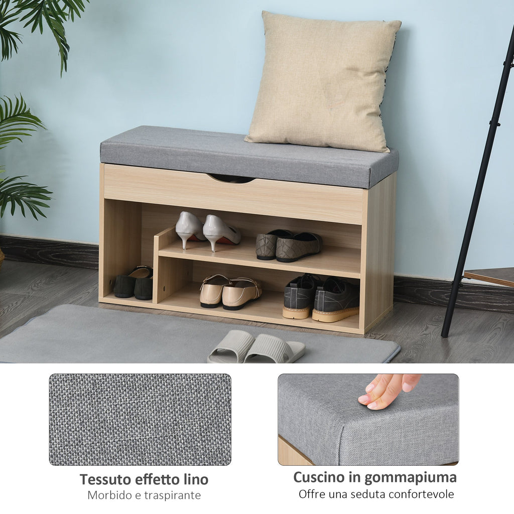 Scarpiera 2 in 1, wooden bench with padded seat and hidden compartment, for entry/input, 80 x 30 x 48cm - Borgè
