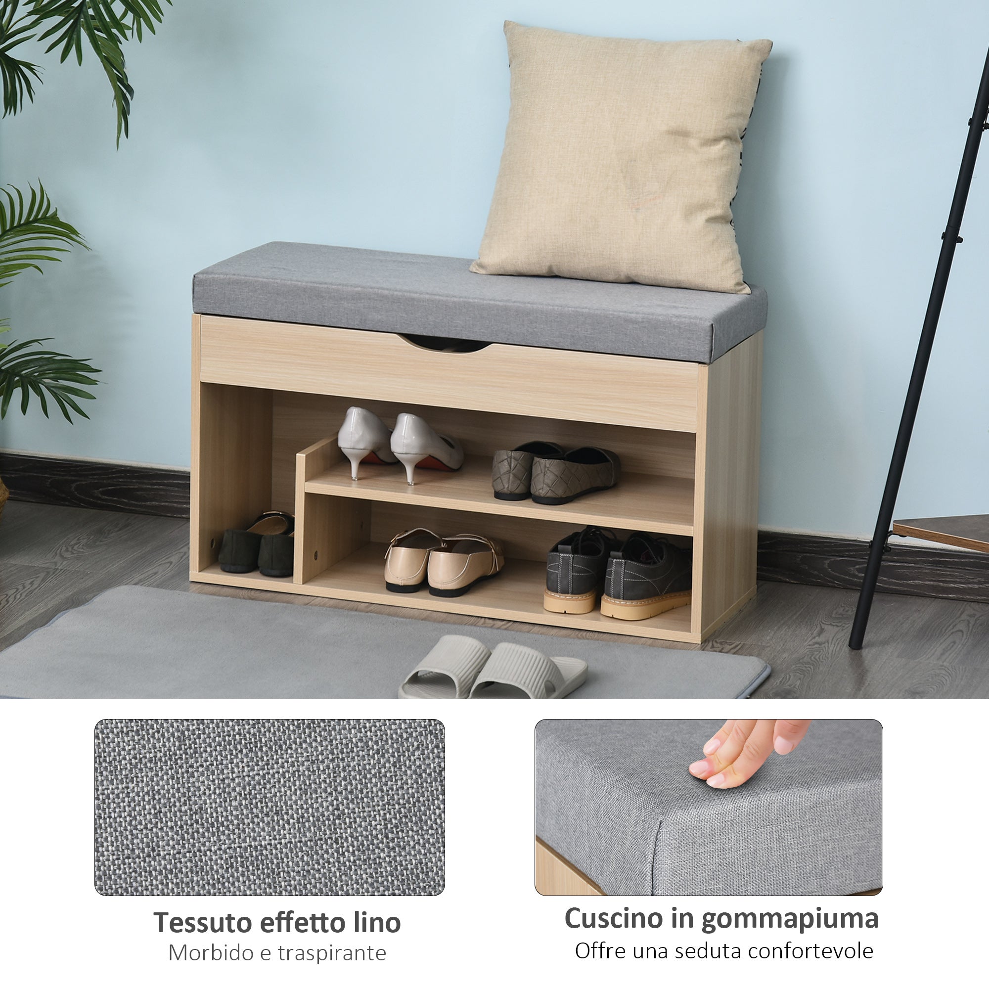 Scarpiera 2 in 1, wooden bench with padded seat and hidden compartment, for entry/input, 80 x 30 x 48cm - Borgè