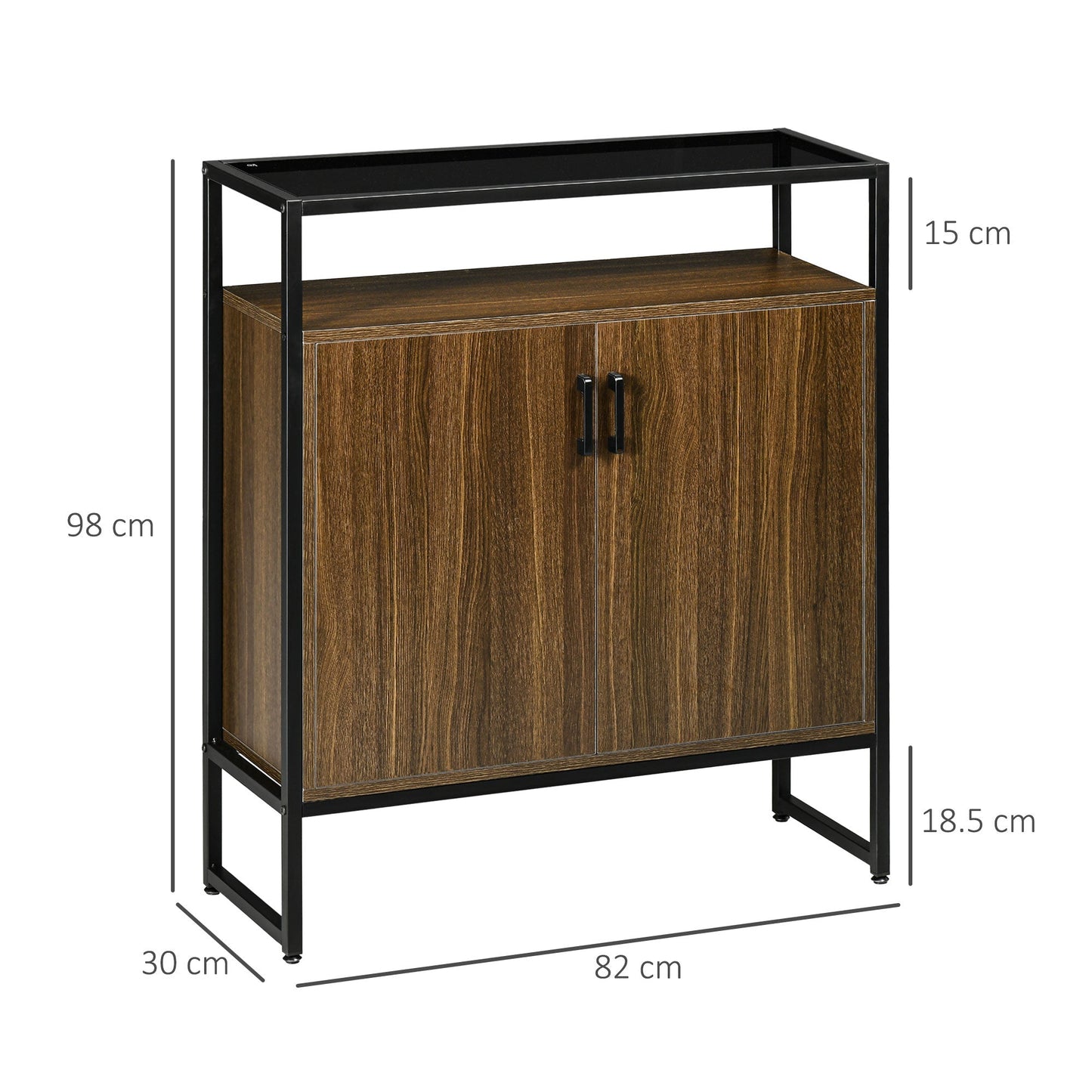 cabinet two doors in mdf with tempered glass support top, 82x30x98 cm, brown and black - Borgè