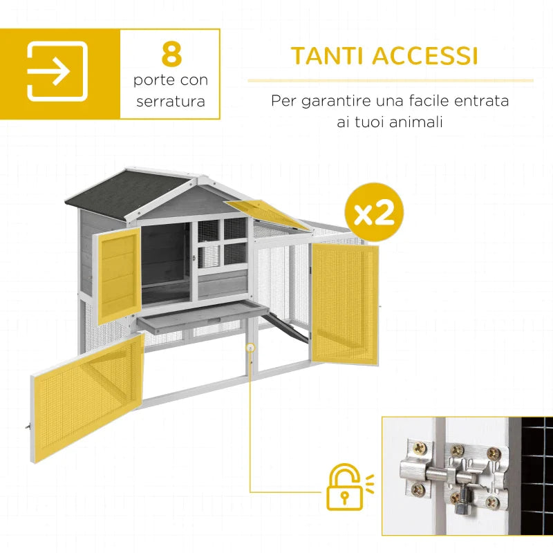 Outdoor Chicken wooden bun with 2 houses and open area fenced with doors and ramps, 259x64x92 cm, gray - Borgè