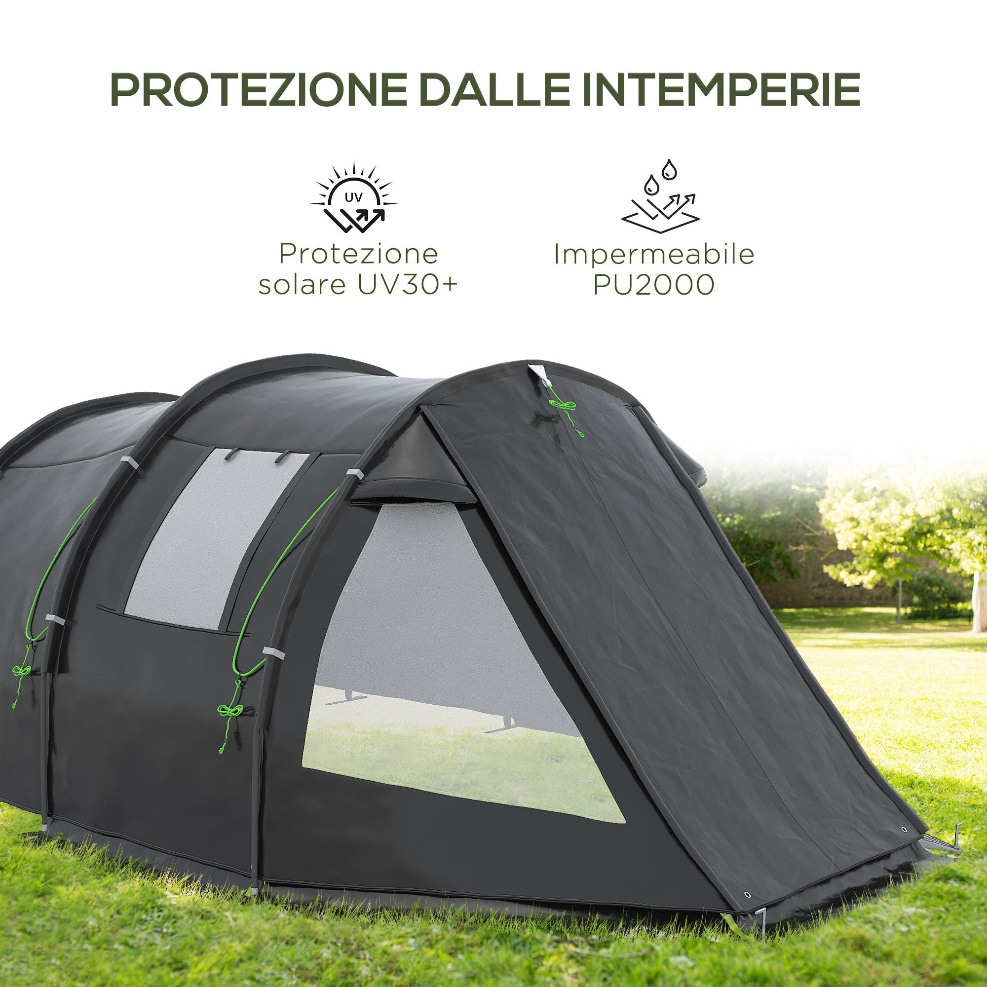 Outsunny camping curtain 3-4 people two rooms with windows, transport bag 475x264x172cm black - Borgè