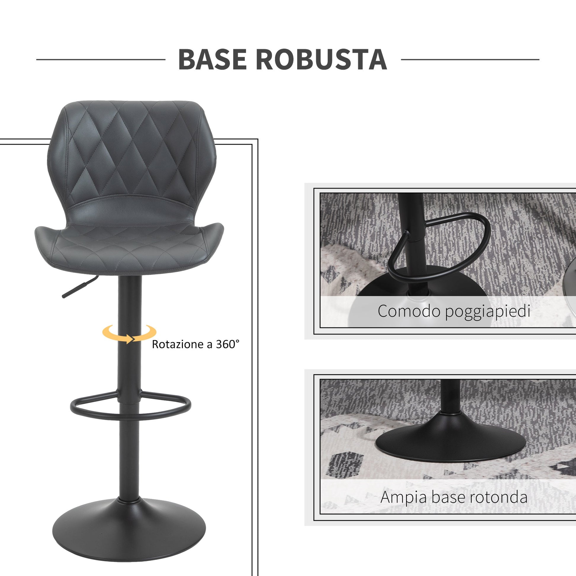 Grey set of 2 high-room bar stools with adjustable height, swivel kitchen stools with back and footrest, 44x50.5x90-110cm - Borgè